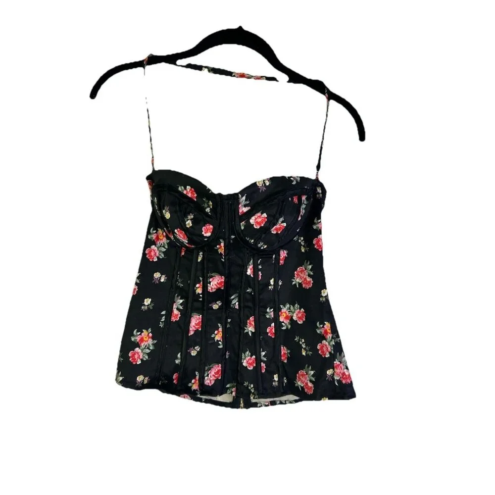 Vintage Y2K BeBe Rose Floral Bustier Corset Shirt Top Womens Small Rave - Picture 1 of 8